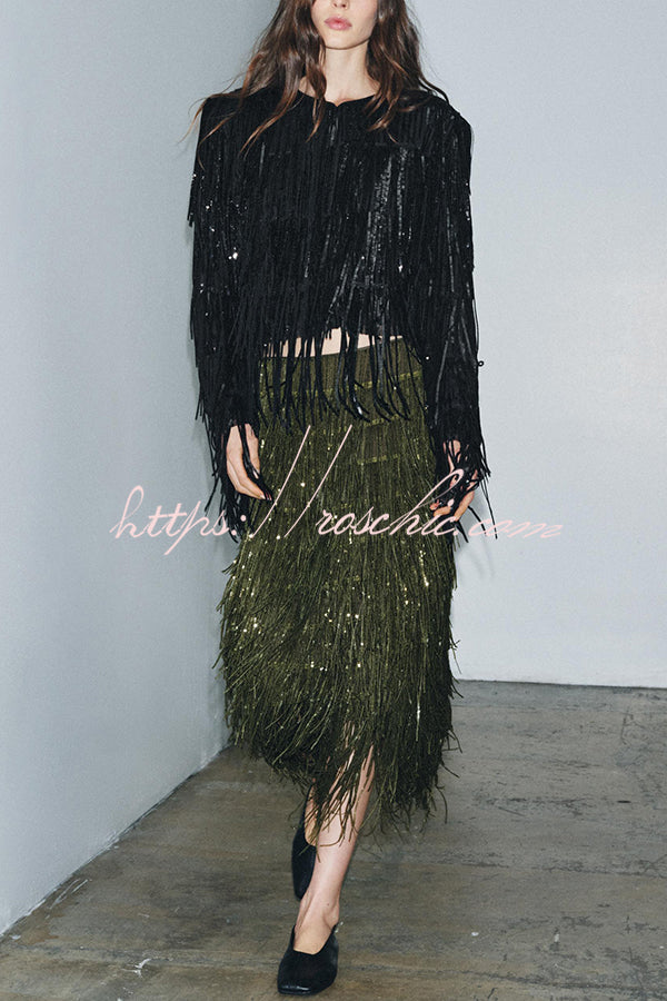 Stylish Sequined Tassel Elegant Midi Skirt