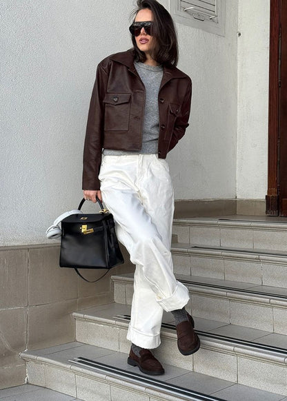 Nora Cropped Faux Leather Jacket – Structured Button-Down with Utility Pockets