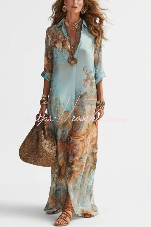Boho Vintage Art Print Button Down Maxi Shirt Dress