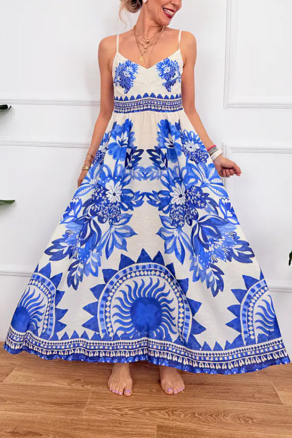 Bohemian Art Print Blue and White Striped Sundress