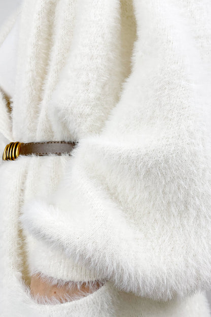 Ivory Faux Fur Open Front Hooded Long Cardigan