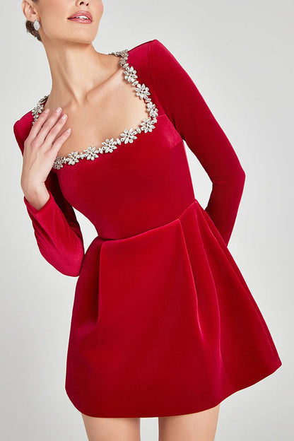 Endless Celebration Velvet Jewel Embellished Trim Long Sleeve Pocketed Mini Dress (Shipped Within 24 Hours)