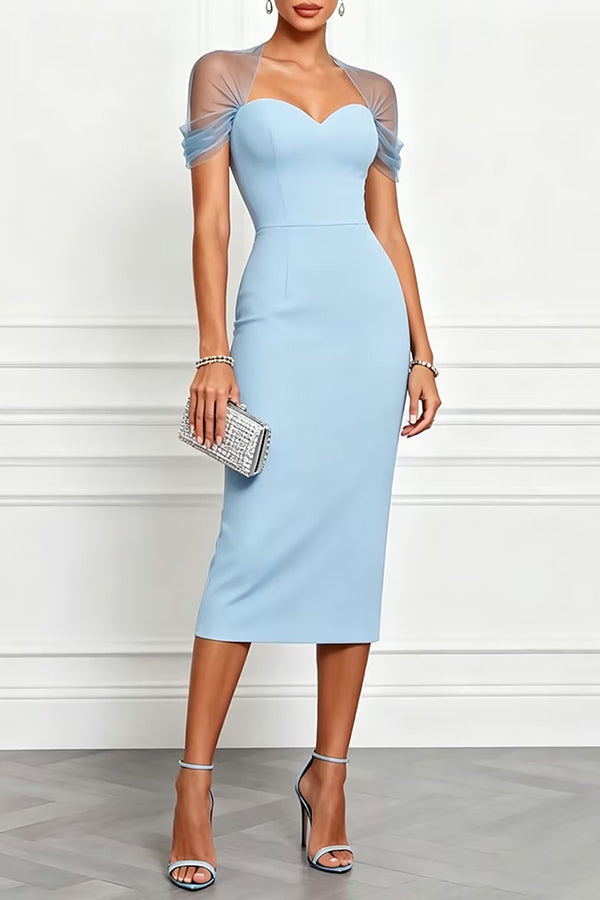 Emilie Mesh Sleeve Patchwork Sweetheart Neck Stretch Midi Dress