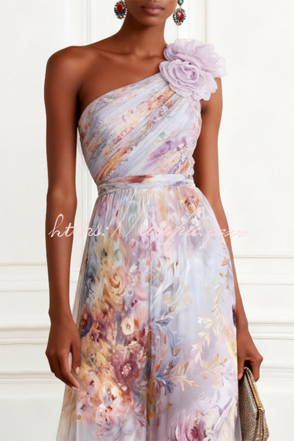Verne Chiffon 3D Floral One Shoulder Pleated Sleeveless A-Line Gown Maxi Dress