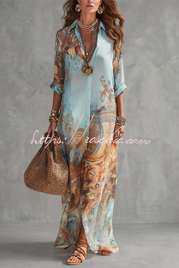 Boho Vintage Art Print Button Down Maxi Shirt Dress