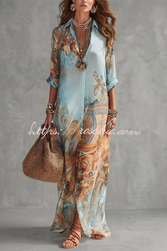 Boho Vintage Art Print Button Down Maxi Shirt Dress