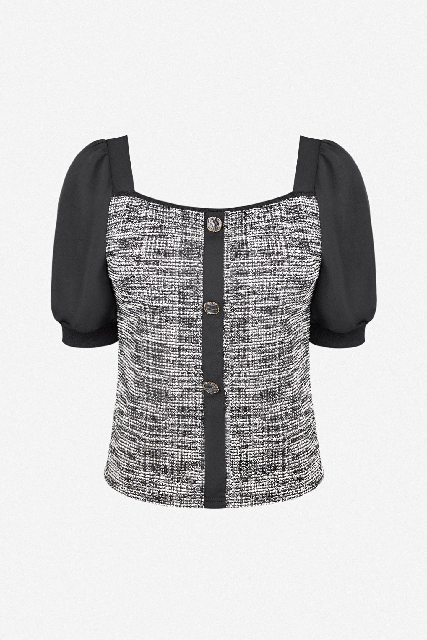 Black Tweed Square Neck Button Detail Puff Sleeve Blouse