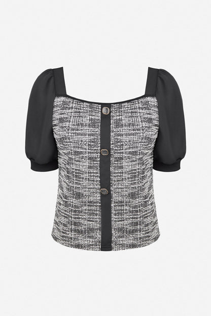 Black Tweed Square Neck Button Detail Puff Sleeve Blouse