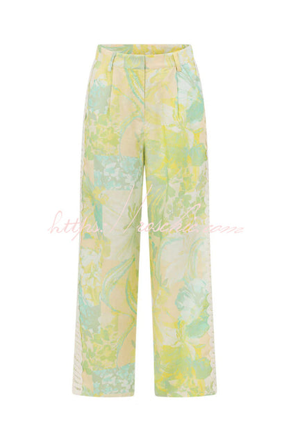 Summer Elegant Printed Curved Crochet Trim Camisole Top and Elastic Waist Casual Pocket Wide-leg Pants Set