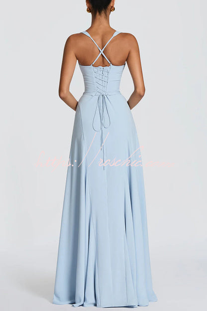 Irie Chiffon Sweetheart Neck Tapered Shoulder Straps Back Lace-up Drape Maxi Dress