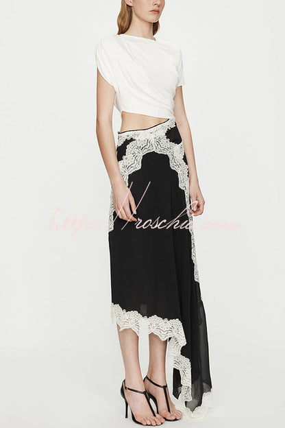 Verve Twisted Drape Across Tee Chiffon Lace Trim Hem Maxi Dress