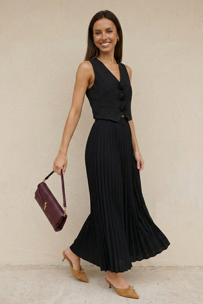 3D Floral Vest Pleated Maxi Skirt Set