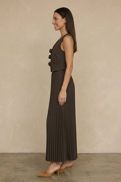 3D Floral Vest Pleated Maxi Skirt Set