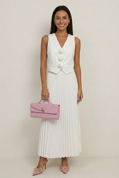 3D Floral Vest Pleated Maxi Skirt Set