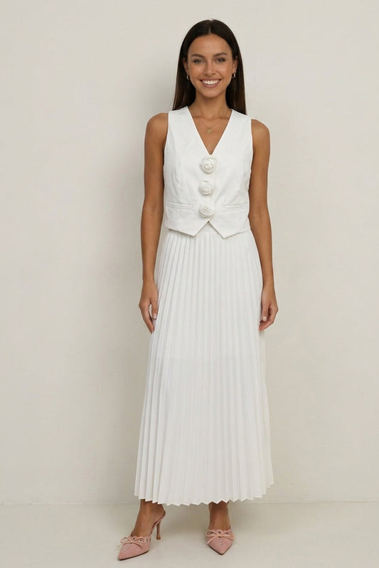 3D Floral Vest Pleated Maxi Skirt Set
