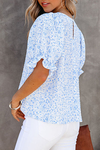 Floral Print Babydoll Puff Sleeve Blouse Top - 4 Colors