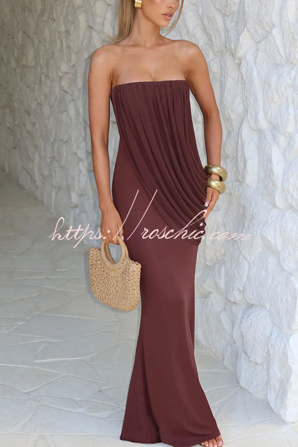 Vienna Modal Jersey Ruched Asymmetric Draped Mesh Strapless Maxi Dress