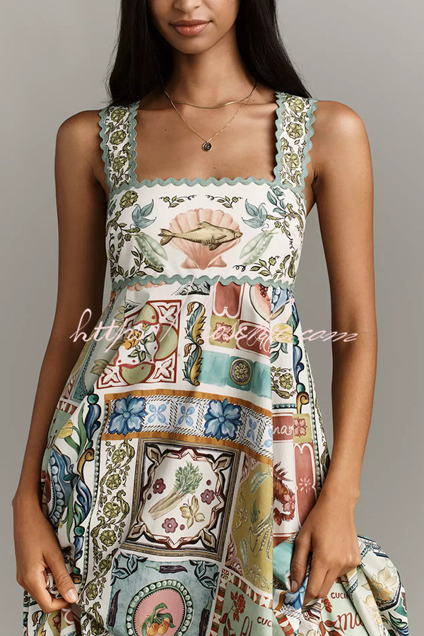 Sea Calling Linen Blend Unique Print Scalloped Detail Back Smocked Pocket Maxi Dress
