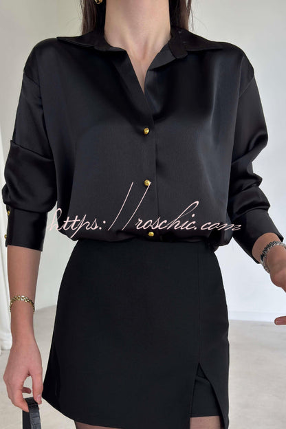 Solid Color Silk Satin Texture Single-breasted Long-sleeved Loose Shirt
