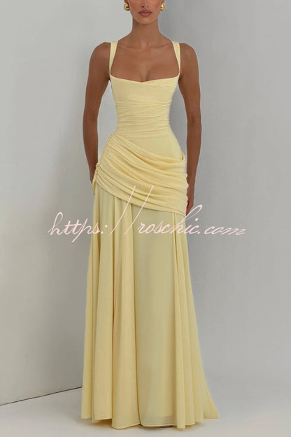 Stylish Spaghetti Strap Square Neck Slim-fit Elegant Pleated Maxi Dress