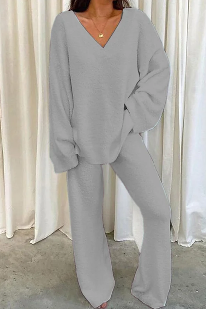Comfortable Solid Color V-neck Daily Two-piece Set