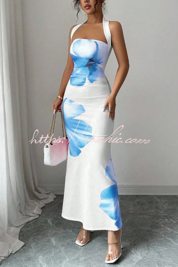 Floral Print Halter Neck Backless Slim-fit Maxi Dress