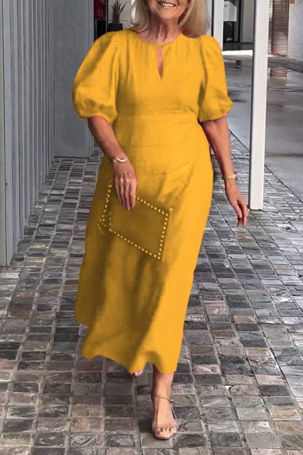 Round Neck Keyhole Puff Sleeve Waisted Midi Dress
