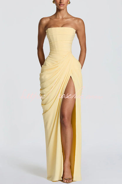 Cyra Back Lace-up Asymmetrical Pleats Strapless Slit Maxi Dress(Buy 2 Get Free Shipping)