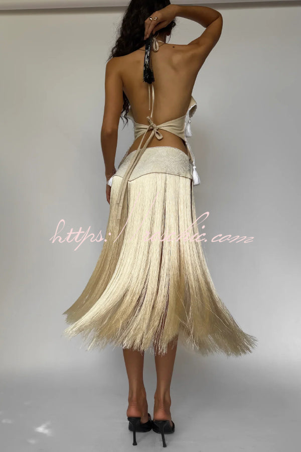 Stylish Halter Neck Lace Up Tassel Pendant Backless Top