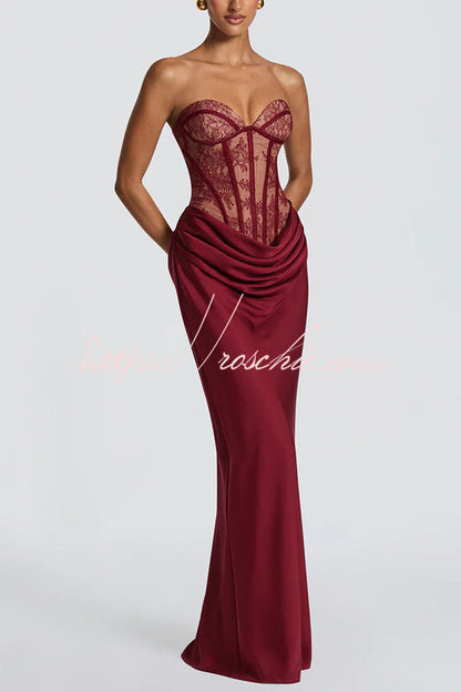 Kathleen Floral Lace Contrast Structural Detail Back Lace-up Satin Hem Strapless Maxi Dress