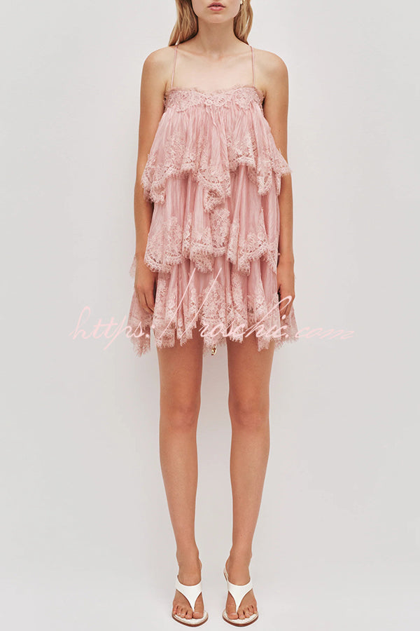 Ophelia Layered Lace Trim Tiers Adjustable Straps Backless A-line Mini Dress