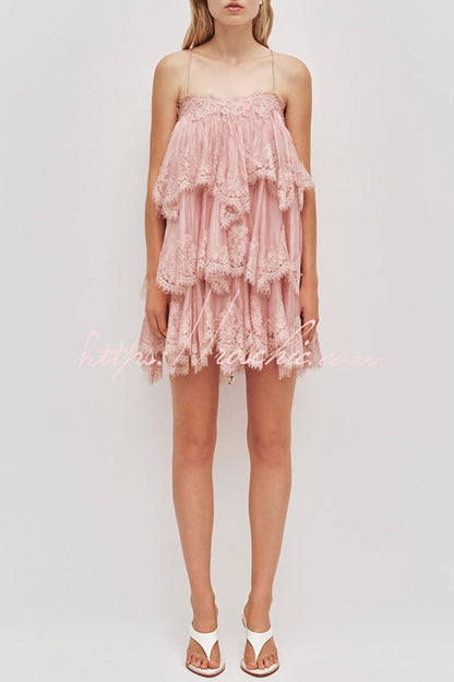 Ophelia Layered Lace Trim Tiers Adjustable Straps Backless A-line Mini Dress