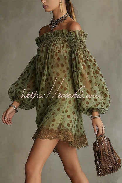 Ethereal Off-The-Shoulder Polka Dot Sheer Mini Dress