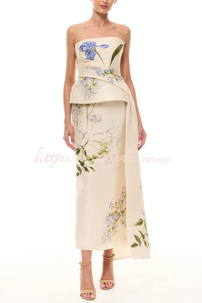 Architectural Tailor Iris Bouquet Print Strapless Draped Peplum Gown Midi Dress