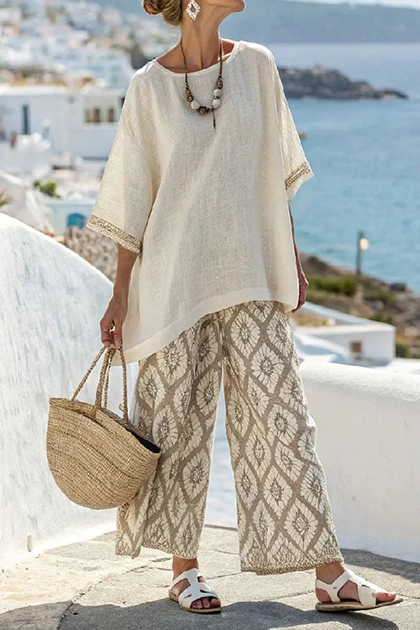 Linen Blend Unique Print Half Sleeve Top and Elastic Waist Pocket Loose Pants Set