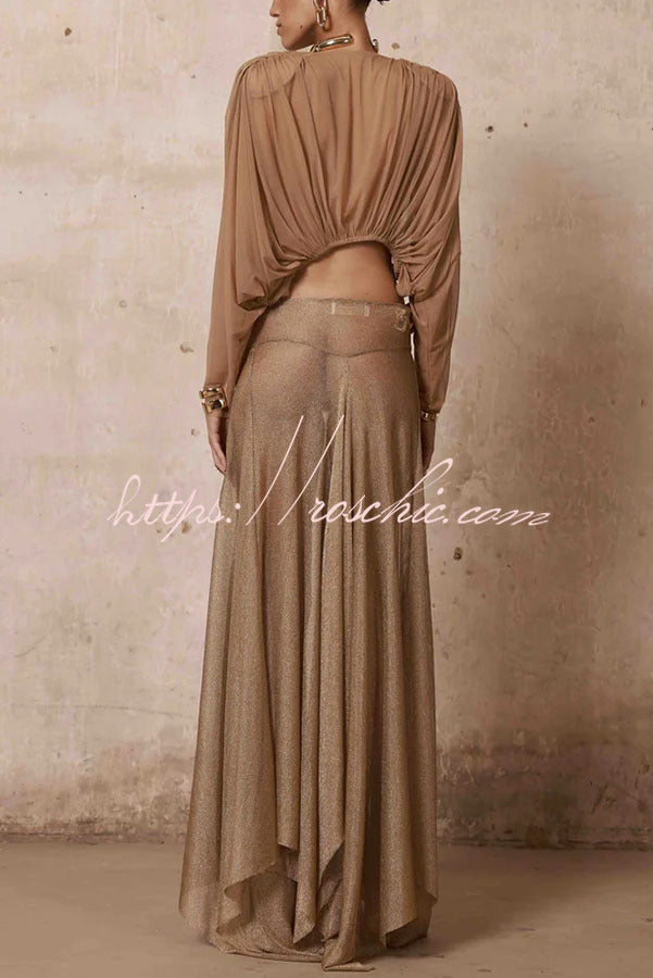 Dazzle Vacation Metallic Knit Long-sleeve Draped Crop Top and Mid Rise Irregular Slit Hem Maxi Skirt Set