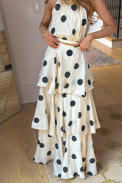 Gift To You Polka Dot Print High Rise Layered Hem Maxi Skirt