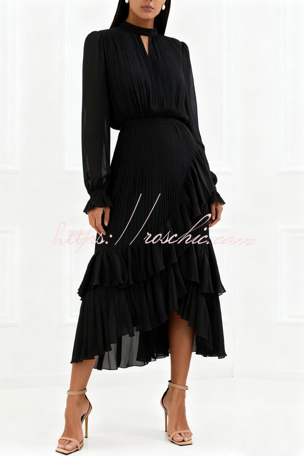 Solid Color Round Neck Long Sleeve Fitted Waist Pleated Ruffle Midi Dress