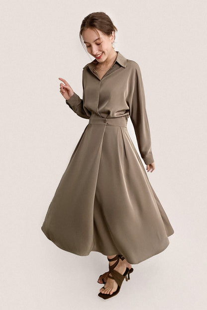Brown Surplice Pleat Detail A-Line Maxi Shirt Dress