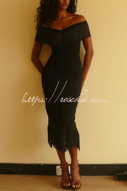 Solid Color V-neck Off-shoulder Slim-fit Tassel Midi Dress
