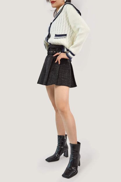 Ivory Sailor Collar Striped Trim Ribbed  Cardigan