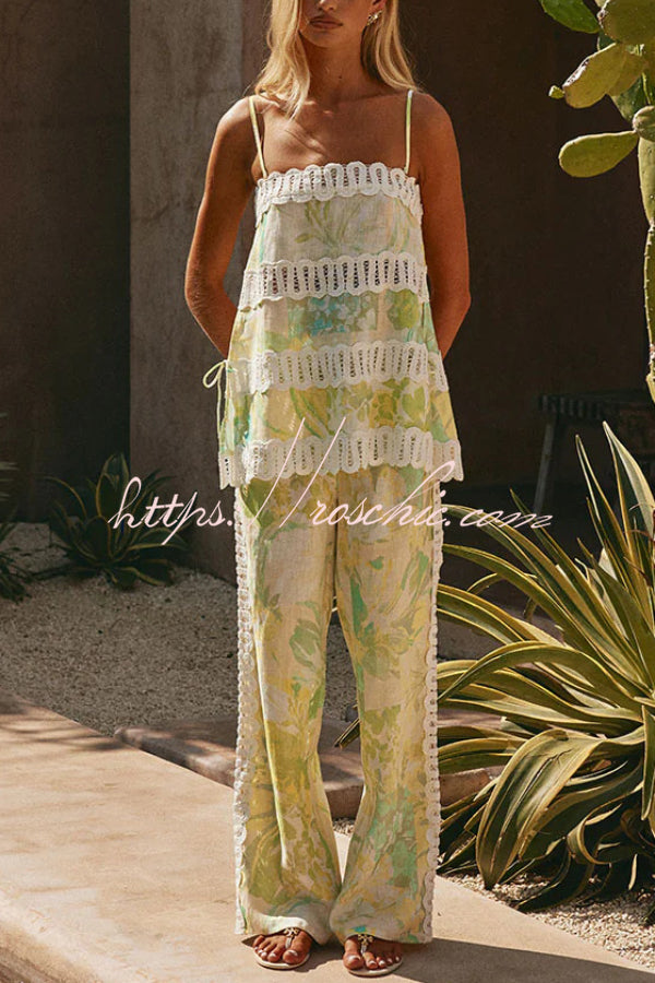 Summer Elegant Printed Curved Crochet Trim Camisole Top and Elastic Waist Casual Pocket Wide-leg Pants Set