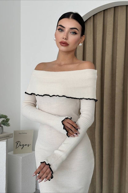 Ribbed Off Shoulder Color Block Knit Sweater Dress