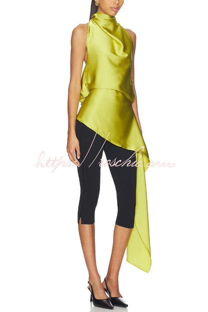 Misty Aura Satin Halter Tie-up Neck Open Back Drape Hem Top