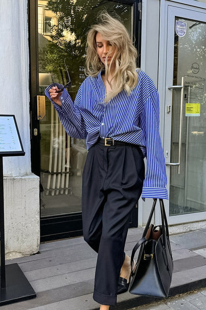 Blue White Stripe Button Blouse