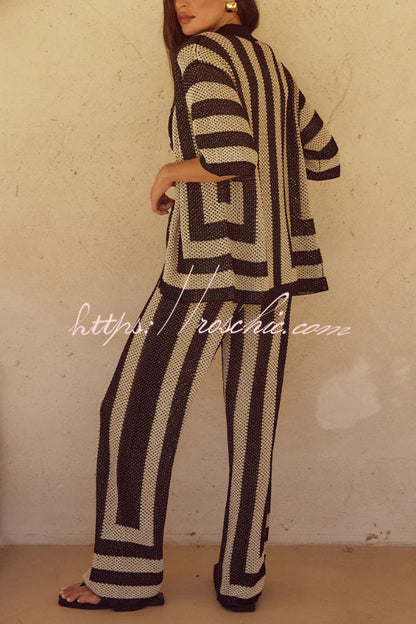 Stylish Knitted Collared Short-Sleeved Button-Up Top and Elastic Waist Casual Pants Cover-Up Set