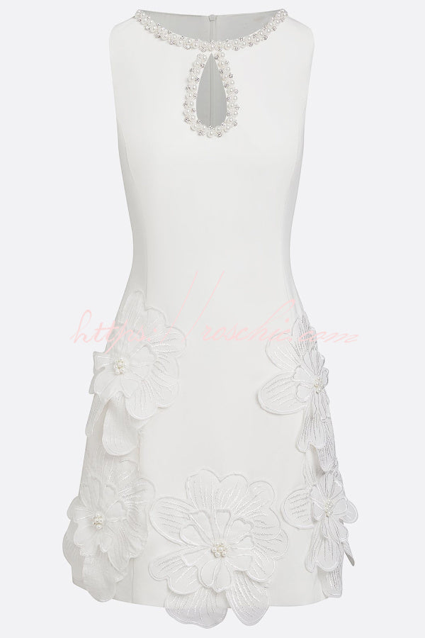 Delicate Silhouette Pearl Trim Cutout Neck Sleeveless 3D Florals Hem Mini Dress