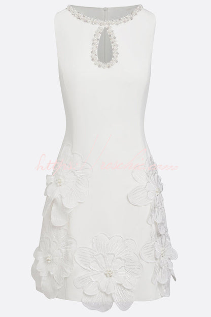 Delicate Silhouette Pearl Trim Cutout Neck Sleeveless 3D Florals Hem Mini Dress