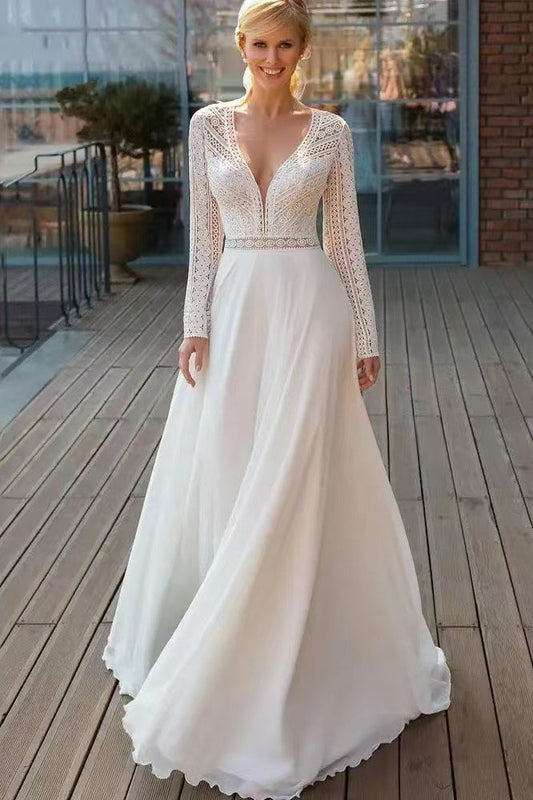 Long Sleeve Lace Train Wedding Dress