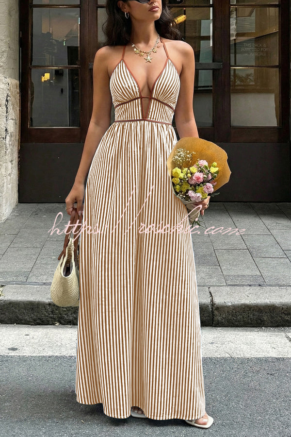 Striped Print V-Neck Sleeveless Backless Holiday Maxi Dress